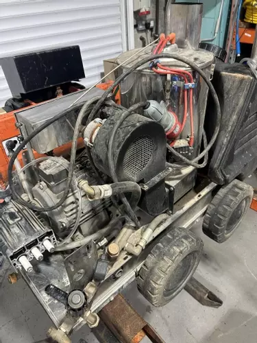 VTUF industrial pressure washer before servicing, showing build-up of dirt, wear, and general condition prior to full strip-down, clean, and maintenance work.